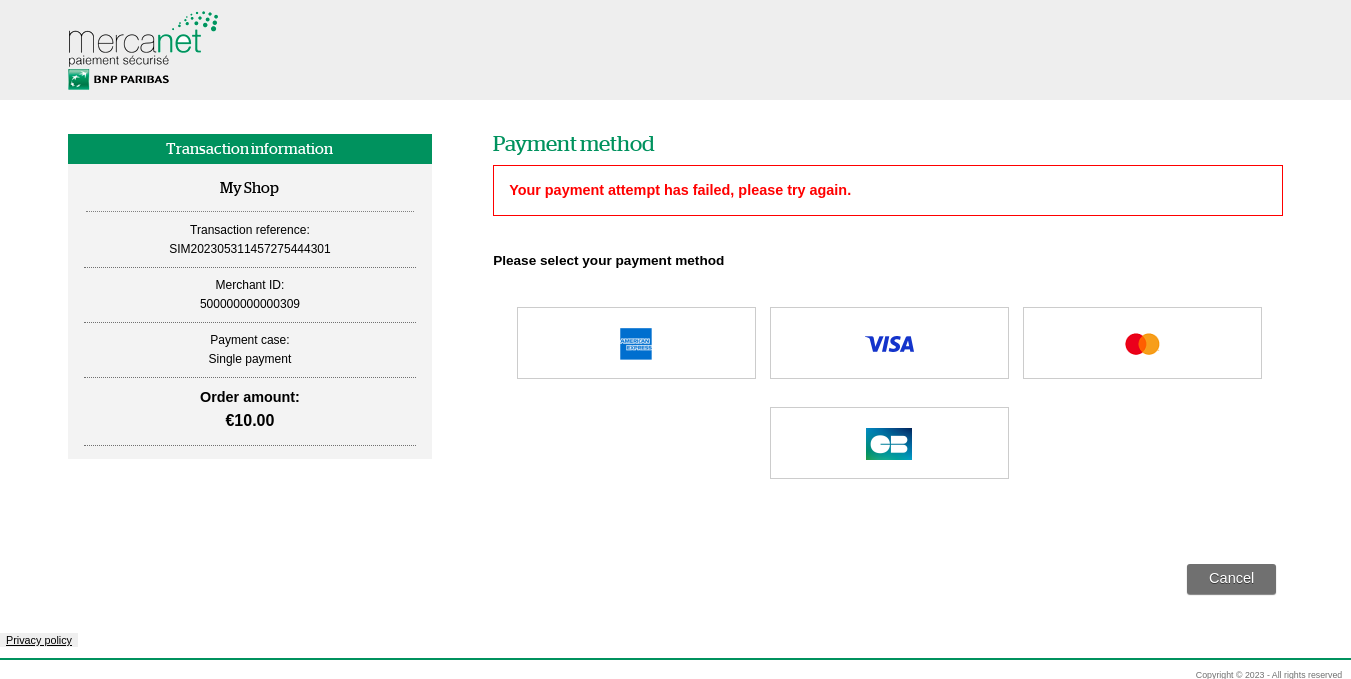 screenshot with the message: your payment attempt failed, please try again