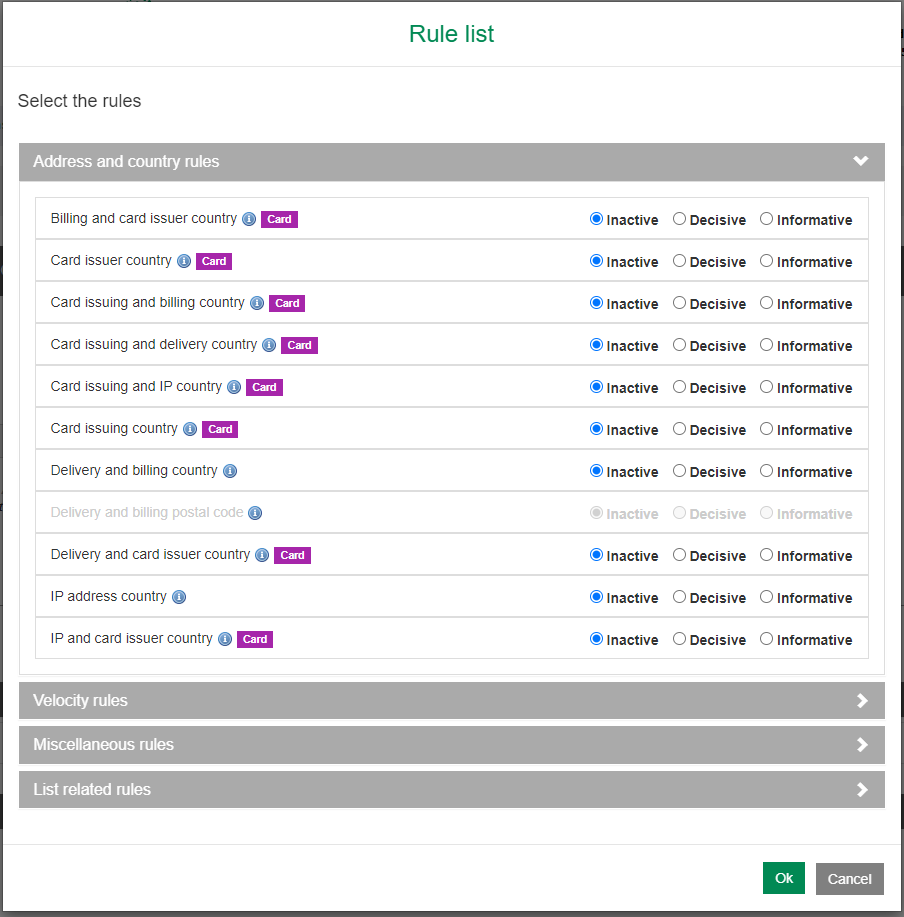 popup image to activate the rules in decisive or informative mode or to deactivate them