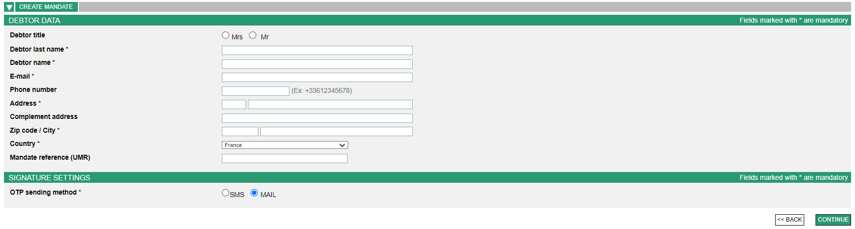 mandate electronic creation page