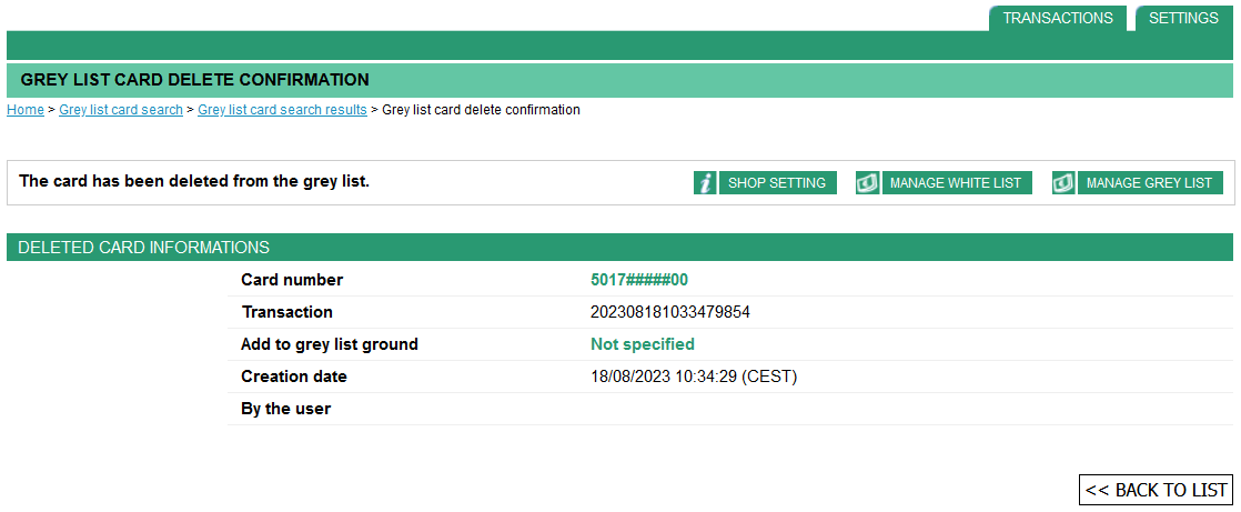 the card has been deleted from the grey list plus card informations