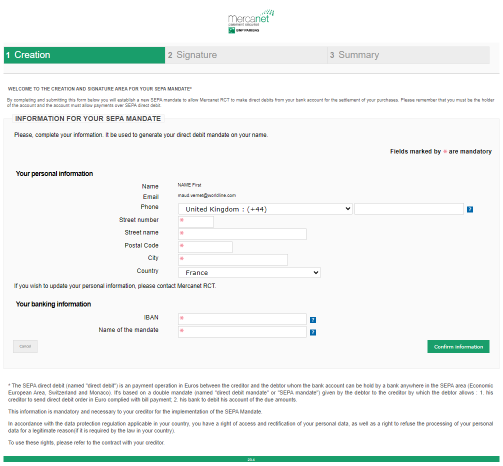 creation and signature area for SEPA mandate