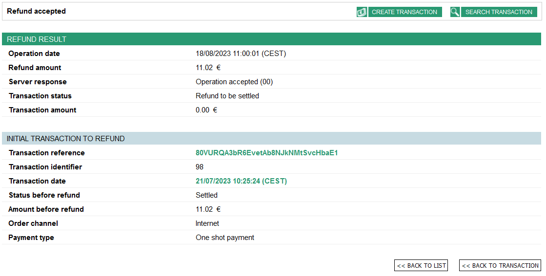 refund result and original transaction information