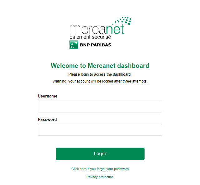 Image of the log in screen of the merchant extranet