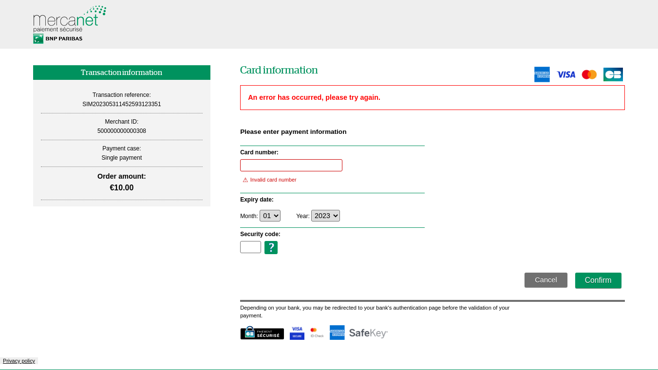 Card data entry page with red boxed error message 