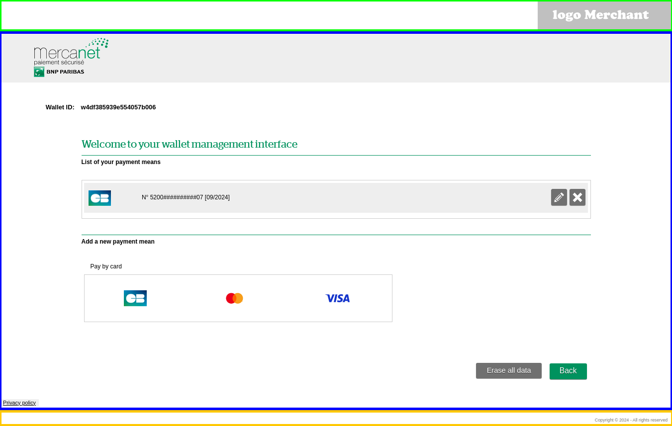 Capture of the wallet management page with the locations of each logo 