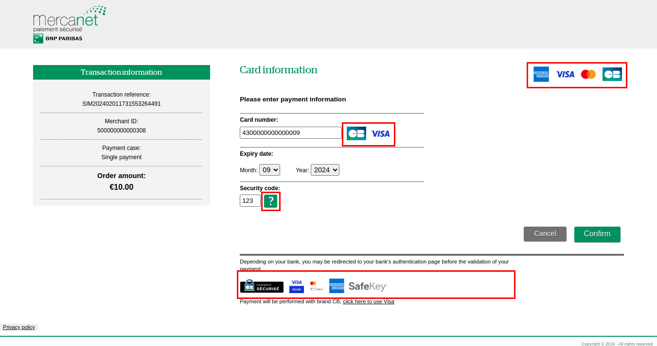 Capture of the card data entry page showing the unmodified images 