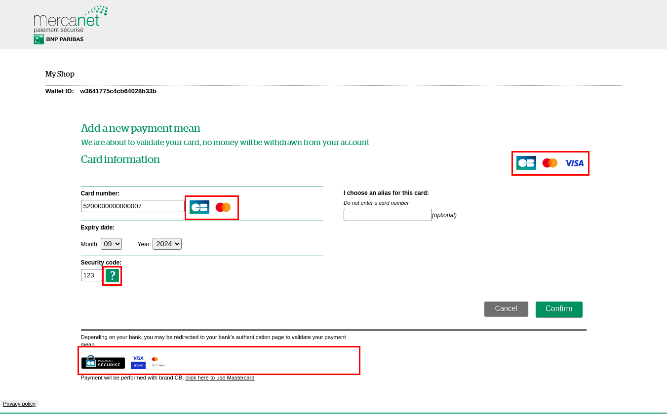 Capture of the card data entry page showing the unmodified images 