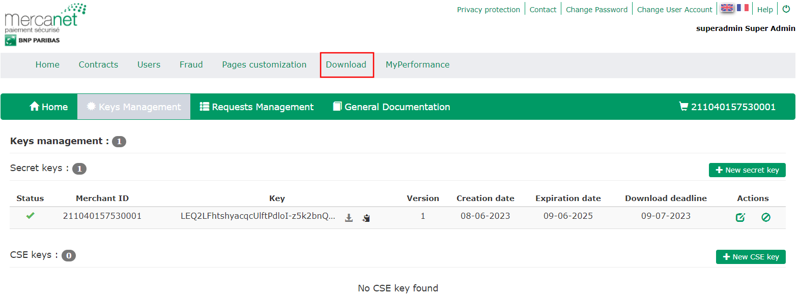 image showing key management page