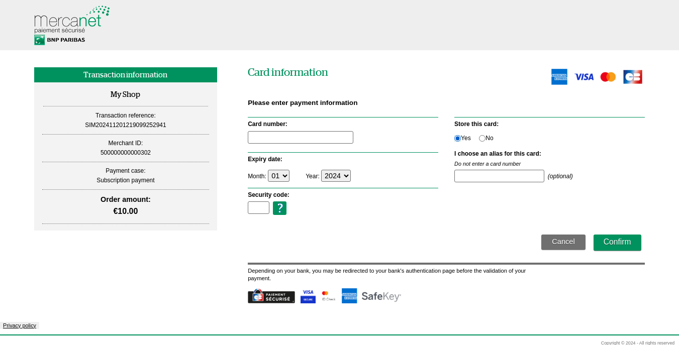 image showing the page in the case of an accepted transaction