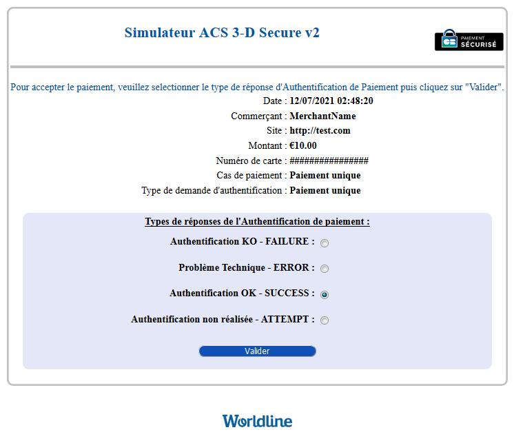 page de simulation de l’ACS 3-D Secure v2