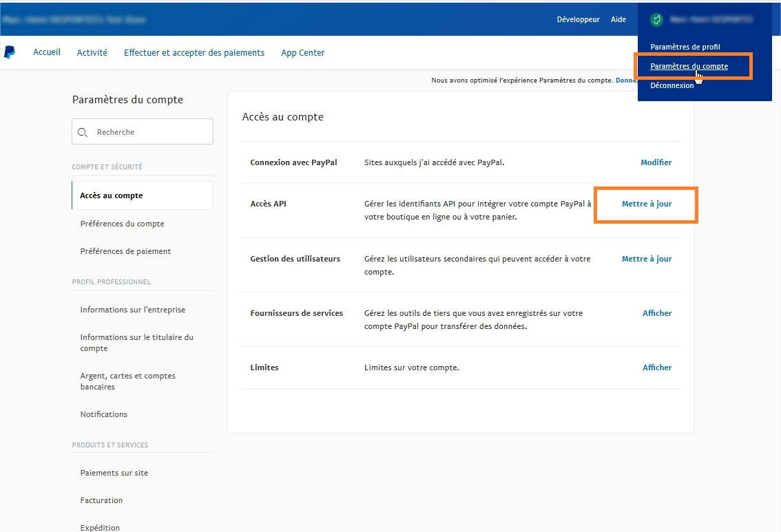 screenshot de l'écran PayPal : cliquez sur mettre à jour à côté d'accès API