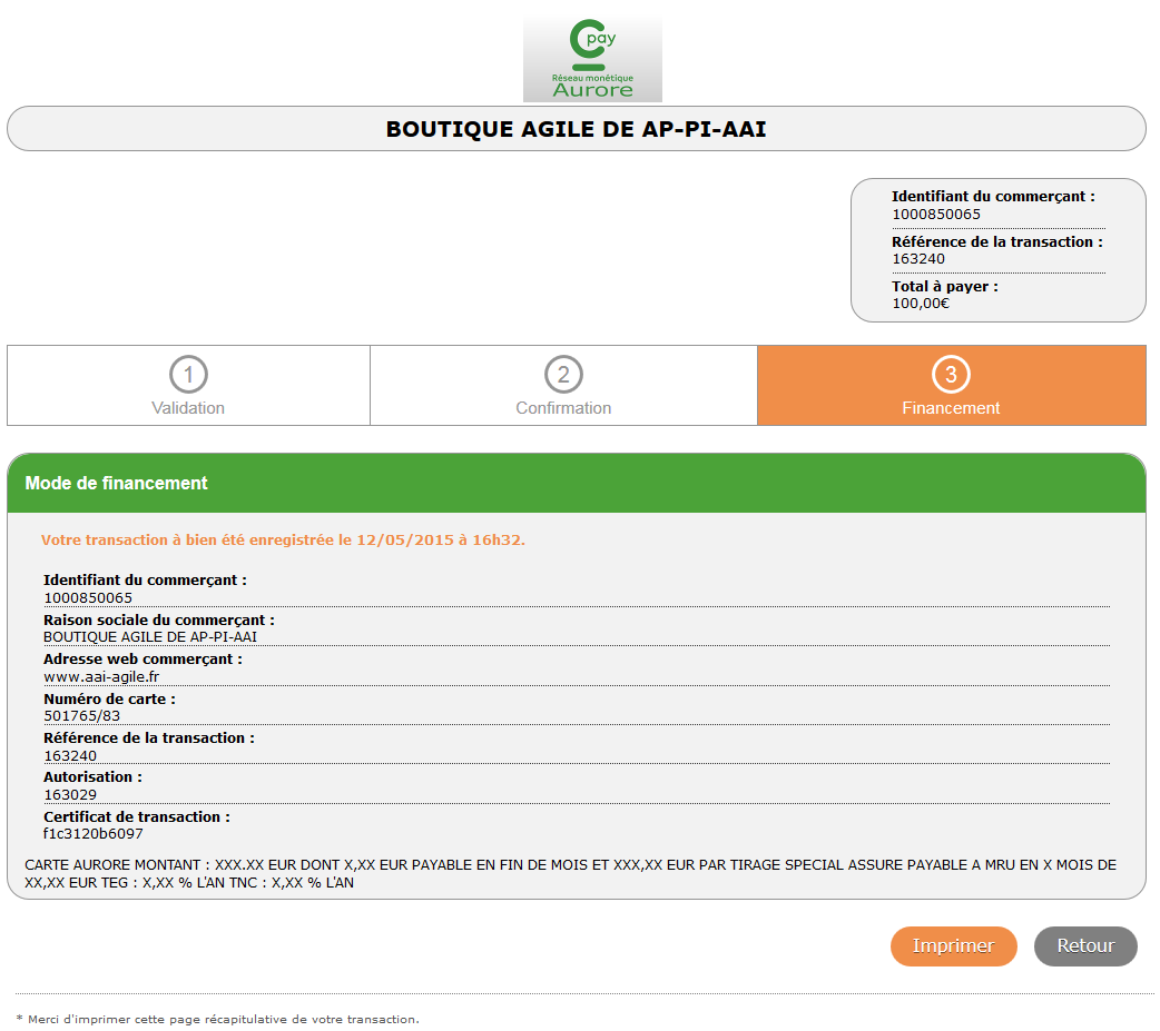 page qui indique que Cetelem a accepté le financement