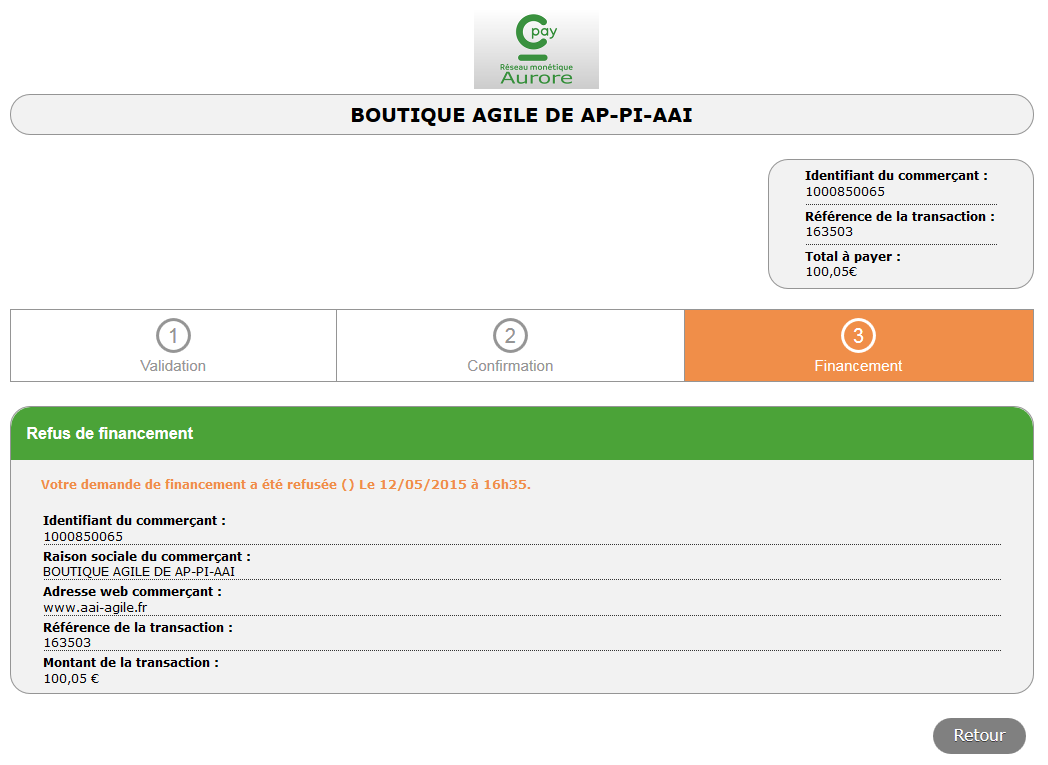 page qui indique que Cetelem a refusé le financement