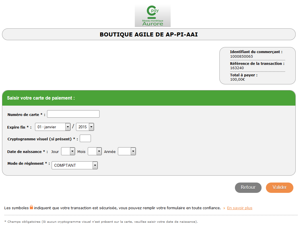 page de la saisie des informations requises