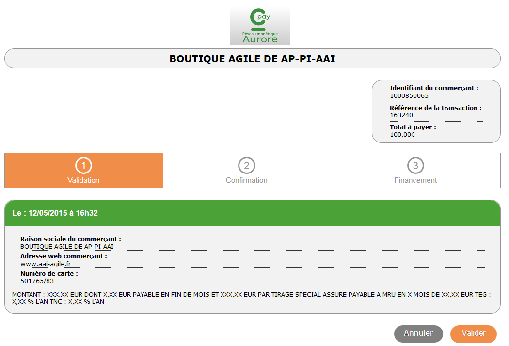 page de validation des informations saisies précédemment