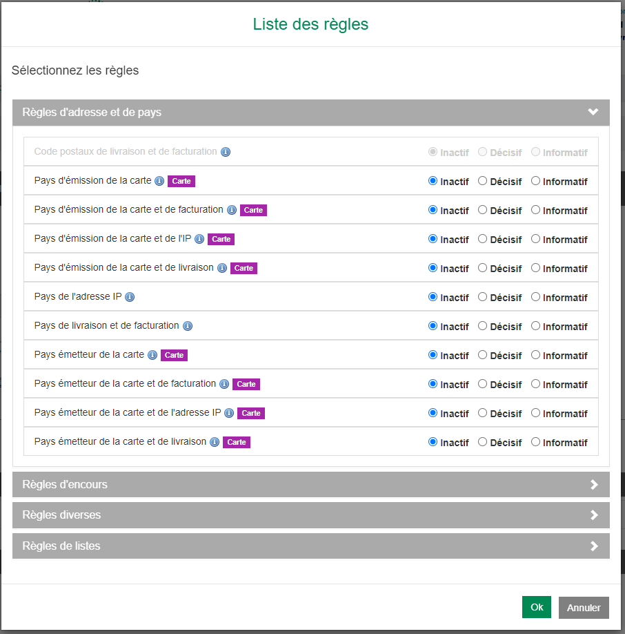 image de la popup pour activer les règles en mode décisif ou informatif ou de les désactiver