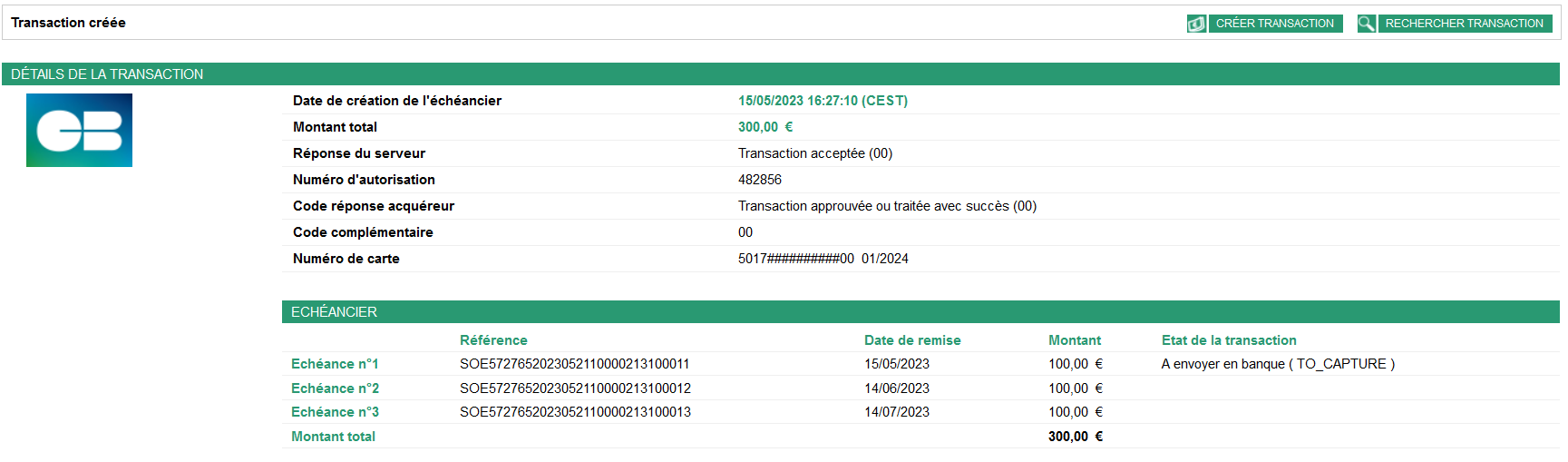 détails de la transaction créée