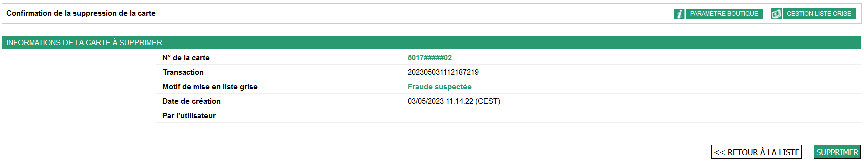 confirmation de la suppression de la carte plus informations de la carte supprimée