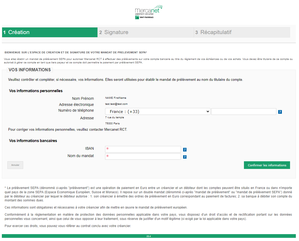 esapce de création et de signature du mandat de prélevement SEPA