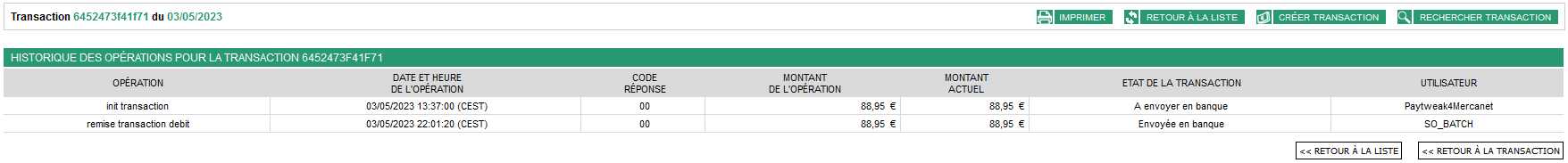 historique des opérations pour la transaction