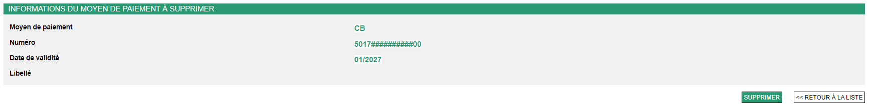 informations du moyen de paiement à supprimer