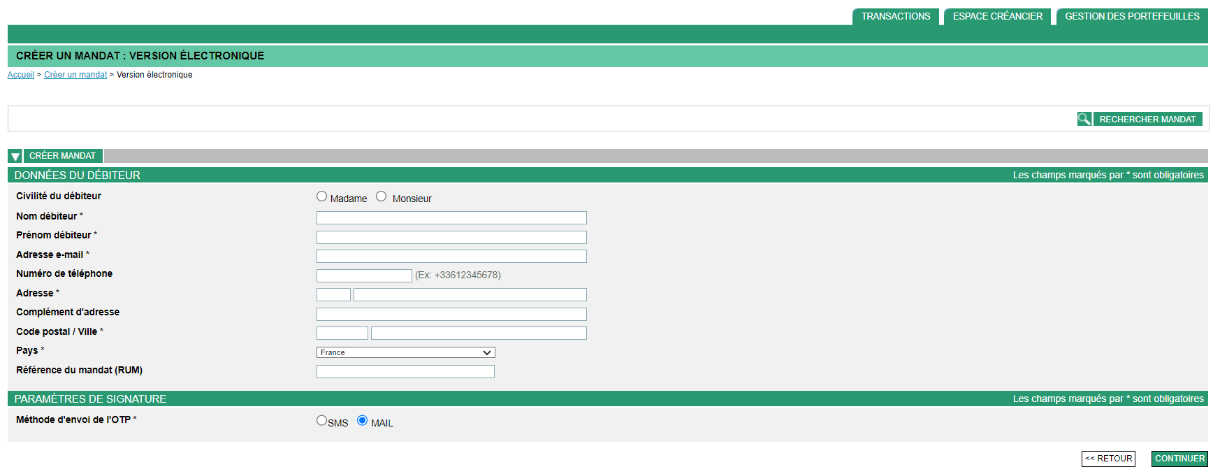 page de création d'un mandat en version électronique