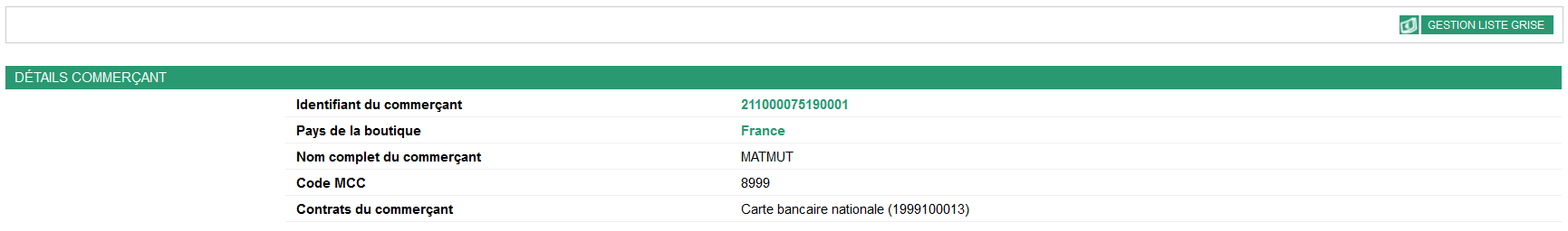 résumé des détails du commercant: identifiant, pays, nom, code MCCC