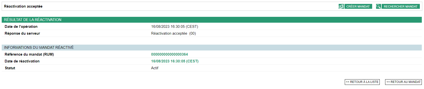 page de confirmation de réactivation du mandat