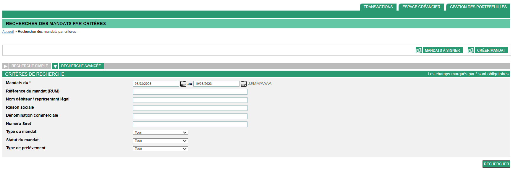 page de recherche par dates du mandat (obligatoire) ou d'autres critères (optionnels)