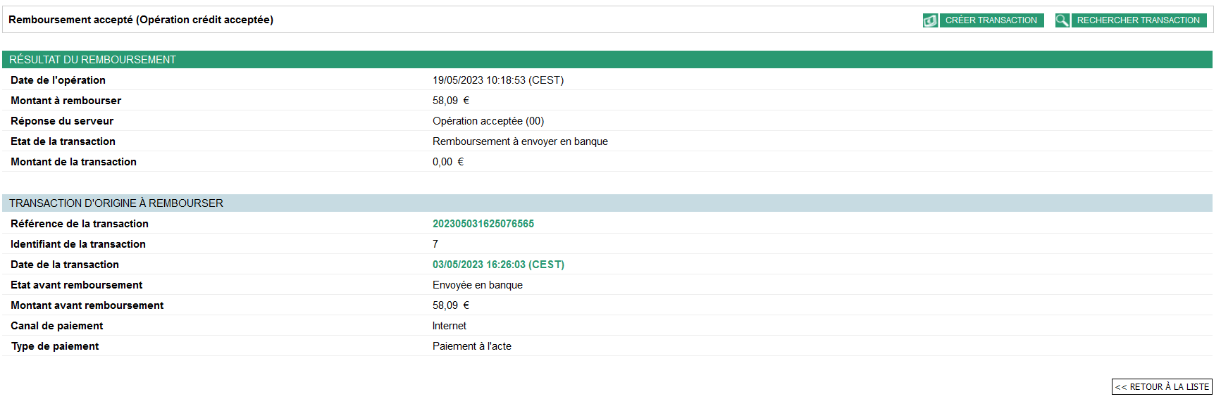 résultat du remboursement et information de la transaction d'origine