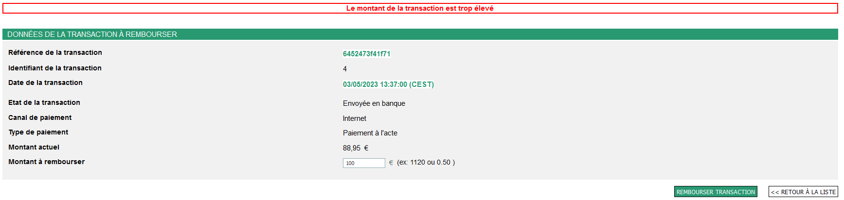 un message indique que le remboursement a échoué et lindique es données de la transaction