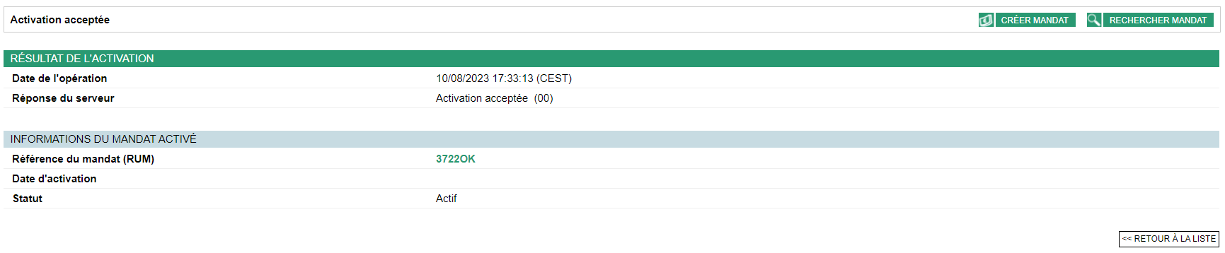 liste des informations du mandat activé