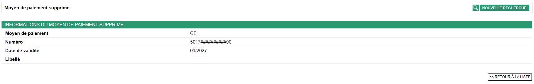 informations du moyen de paiement supprimé