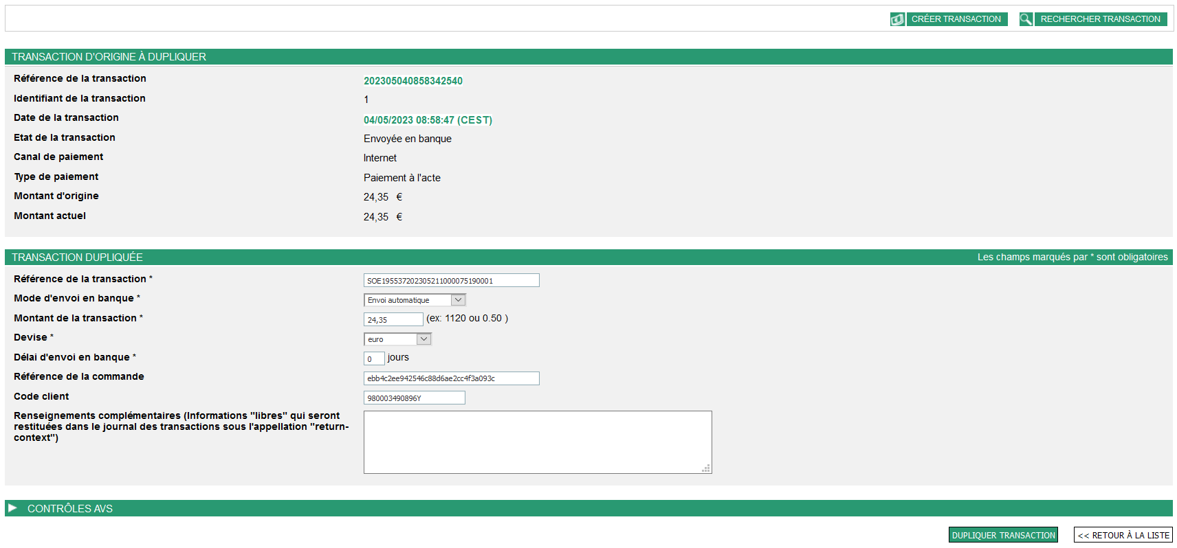 page résumant la transaction à dupliquer et les champs à remplir pour la transaction dupliquée