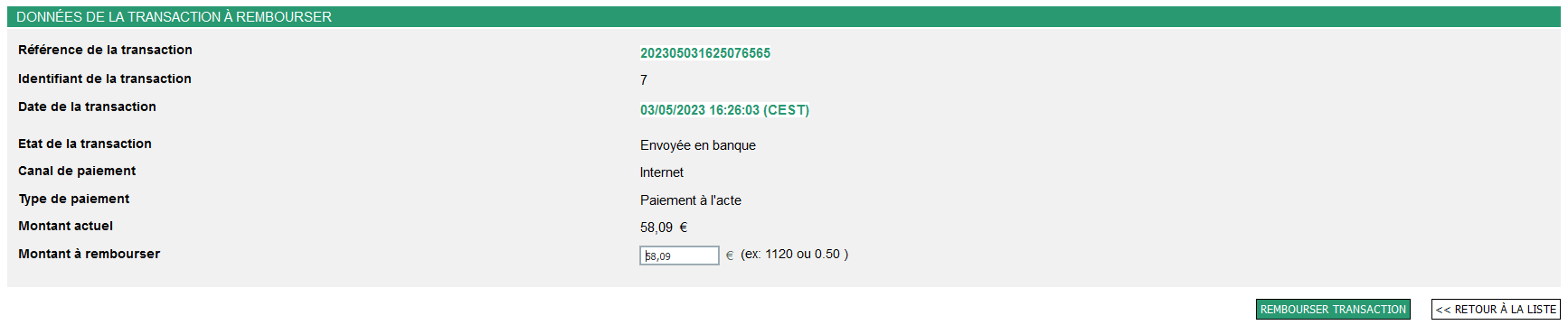 données de la transaction à rembourser