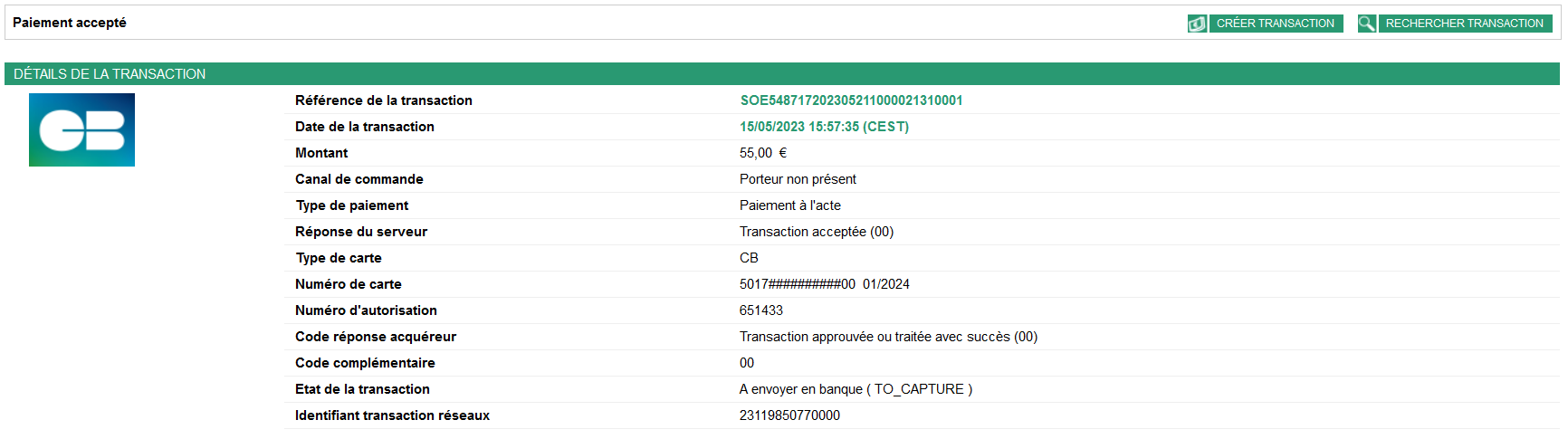 Illustration de la page de résultat d'un paiement accepté