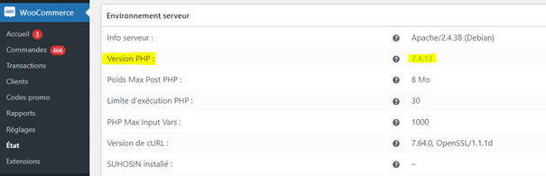 cliquer sur woocommerce et consulter la ligne version php