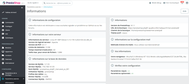 les informations php comme affichés sur Prestashop