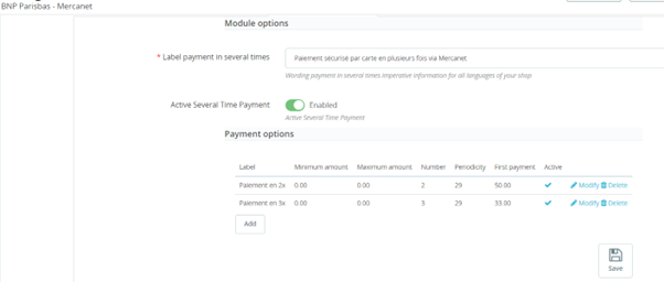 configuration du paiement en plusieurs fois