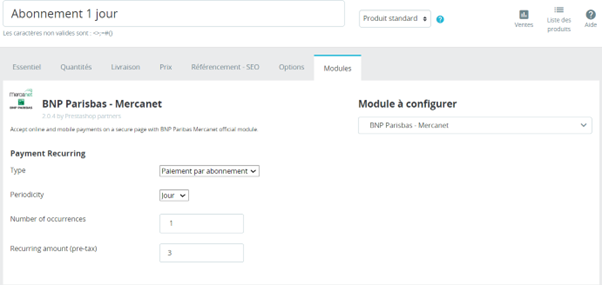 Configuration du paiement récurrent dans le BO