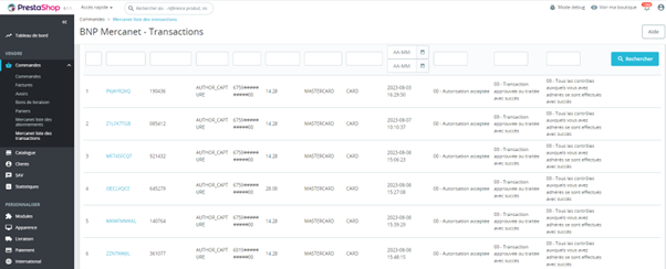 Visualisation de la liste des transactions