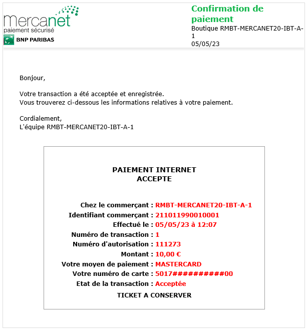 image montrant le message e-mail pour un paiement accepté