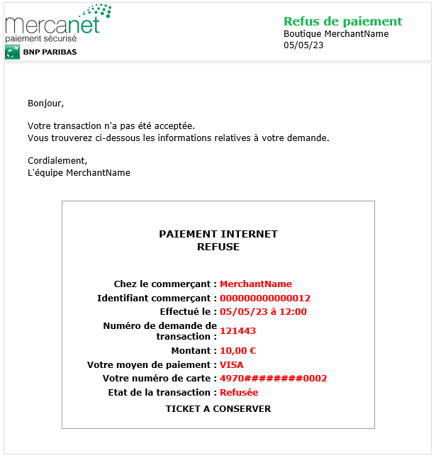 image montrant le message e-mail pour un paiement refusé
