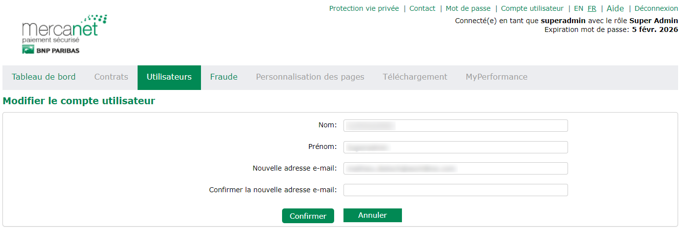 nom, prénom, nouvelle adresse email et confirmer la nouvelle adresse email