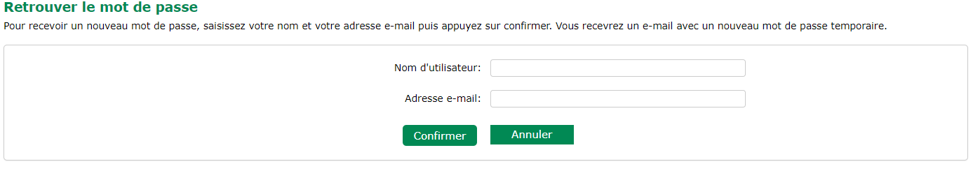 formulaire comprenant les champs nom d'utilisateur et adresse email