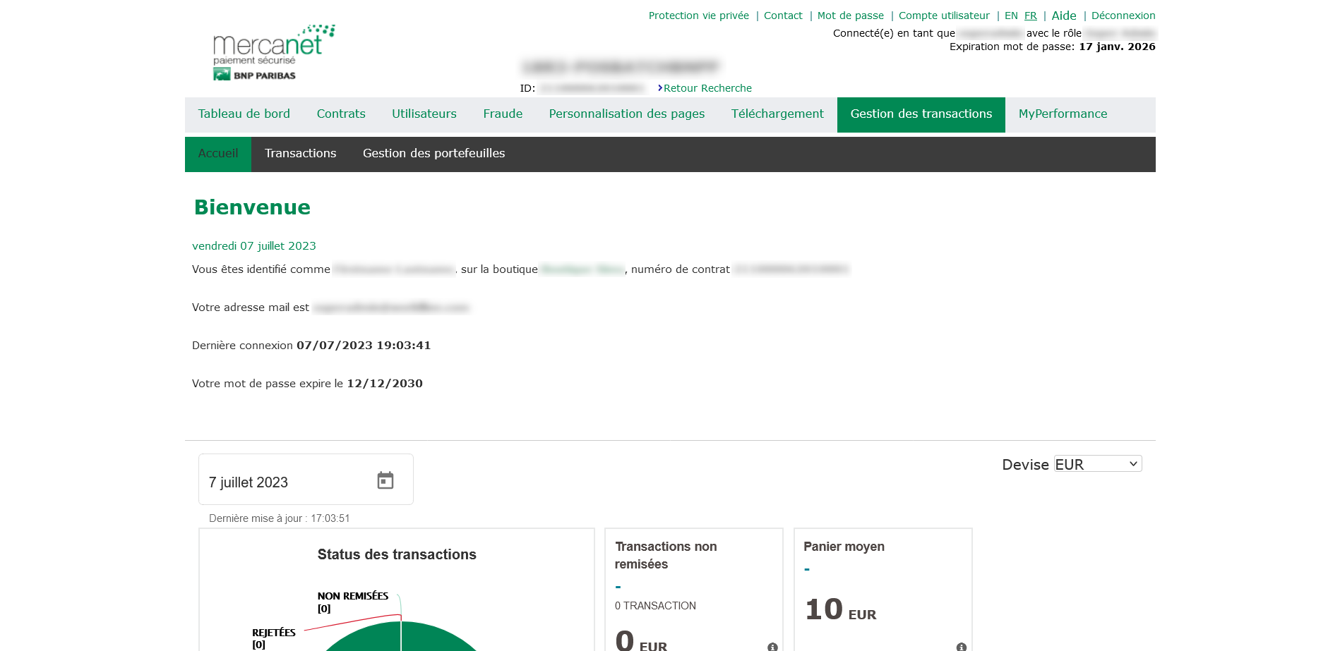 affichage du chiffre d'affaires estimé par heure, au global et du taux de transactions acceptées