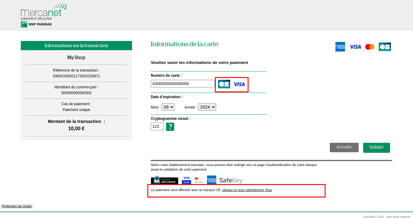 Page de paiement avec mise en exergue des réseaux détectés et lien de changement de réseau