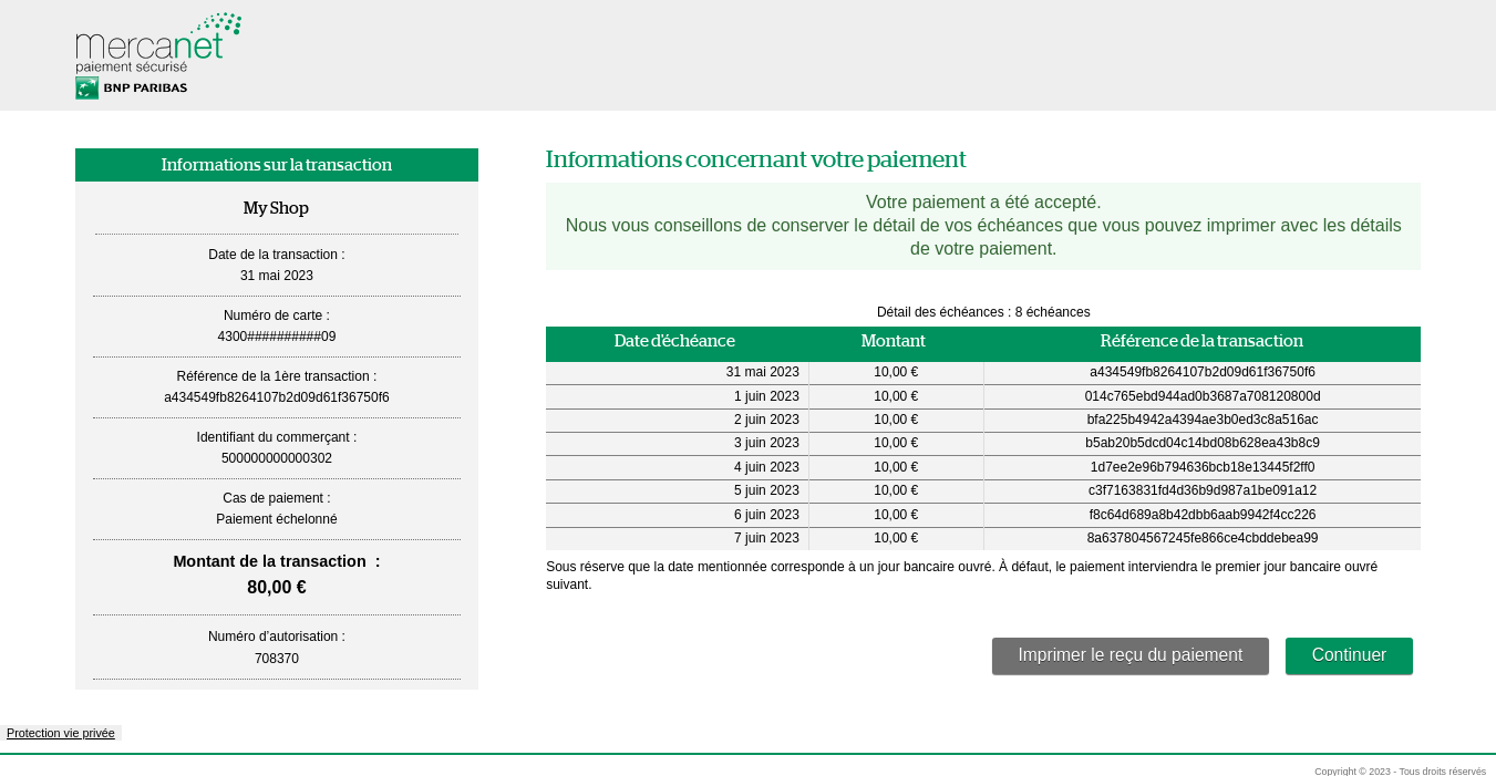 Capture d'écran du ticket affichant le détail des échéances