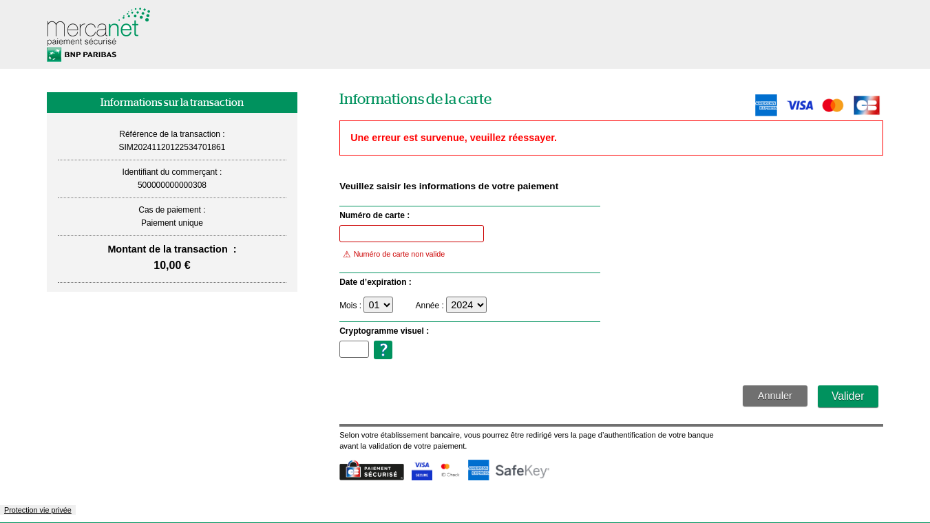 Page de saisie des données cartes avec le message d'erreur encadré en rouge 