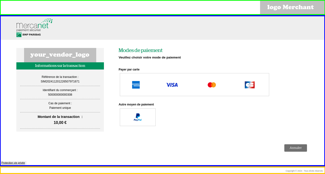 Capture de la page de paiement avec les emplacements de chaque logo 